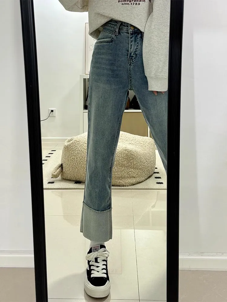 

Женские джинсы с высокой талией и прямыми штанинами, новая весенняя модель, утягивающие брюки-дудочки, эластичные повседневные джинсы с высокой талией