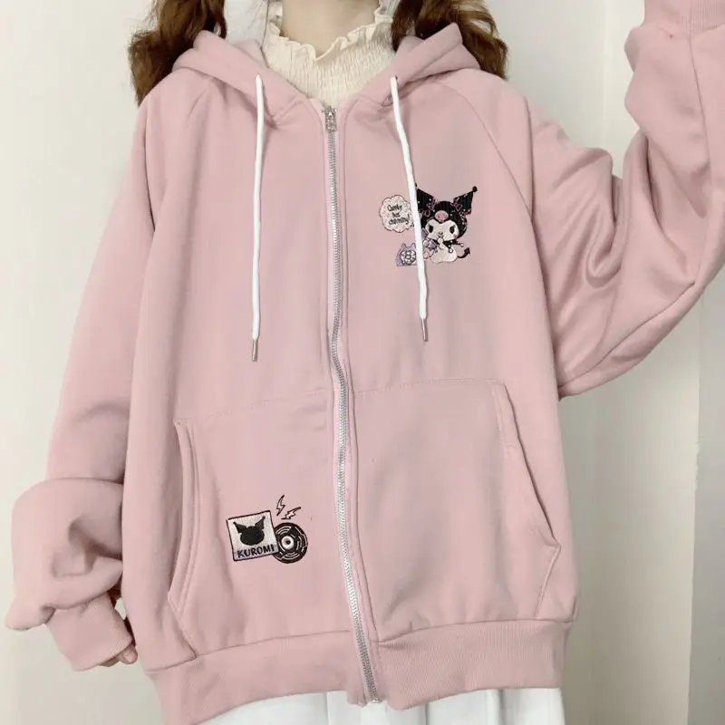 Japanese Sanrio Cinnamoroll Long Sleeve Zip Up Hoodie Sweatshirt Kuromi Women Spring Autumn Loose Vintage Sweet Cool Cardigan