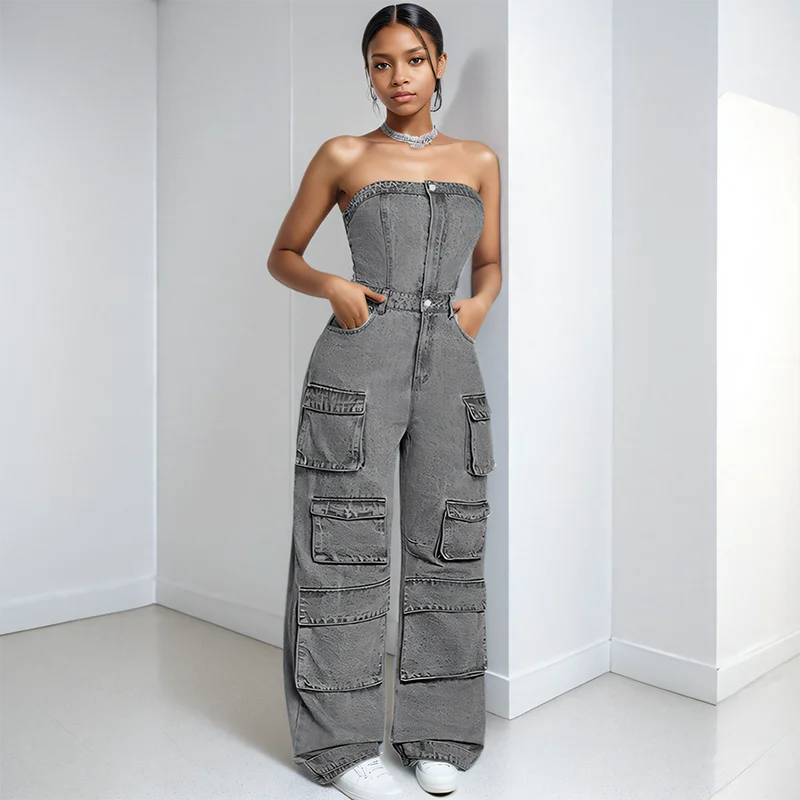 DEAT 2024 Winter New Items Fashion Pockets Denim Straight Leg Jumpsuit For Women High Waist Jumpsuits Female Trend 33A2159