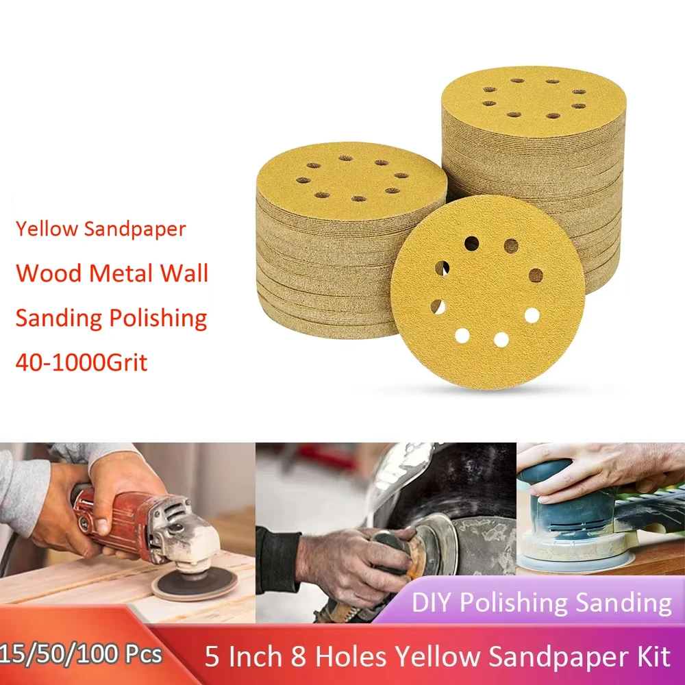 15-100 Uds. Discos de lijado de 5 pulgadas y 8 agujeros, papel de lija de gancho y bucle redondo dorado de grano 40-1000 para lijado de pulido DIY