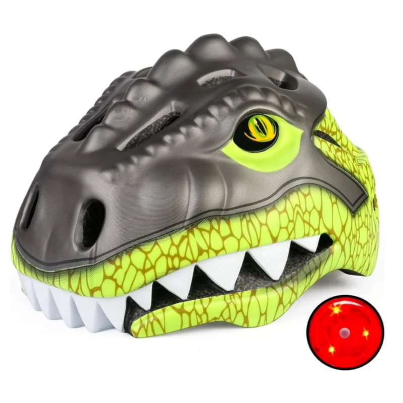 어린이 자전거 헬멧 스케이트 보드 스쿠터 사이클링을위한 Led 라이트가있는 3D 공룡 야외 레크리에이션 경량 안전 헬멧