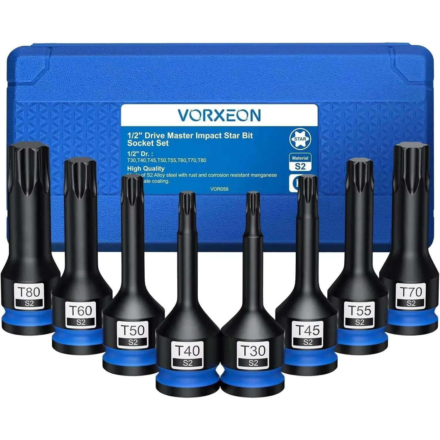 

8Pcs 1/2" Drive Torx Bit Set Durable S2 Steel Material T30-T80 Impact Torx Bit Socket Set with Storage Case for Car Repairs