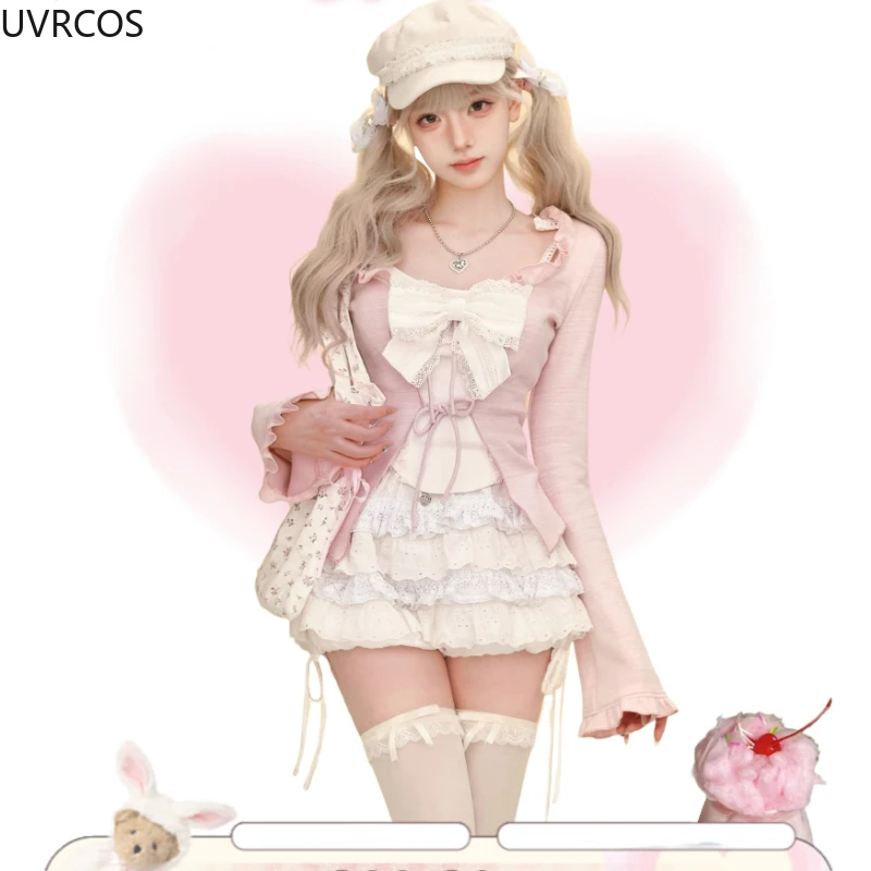 Pink Sweet Lolita Lace Up Ruffles Cardigan+ Sexy Slim Bow Vest Top+ High Waist Kawaii Ruched Skirt Early Autumn Three Piece Sets