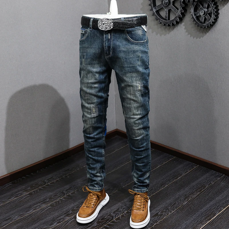 

JXN805 Tide washed trousers stretch grinding white dark blue jeans men's Slim high quality European