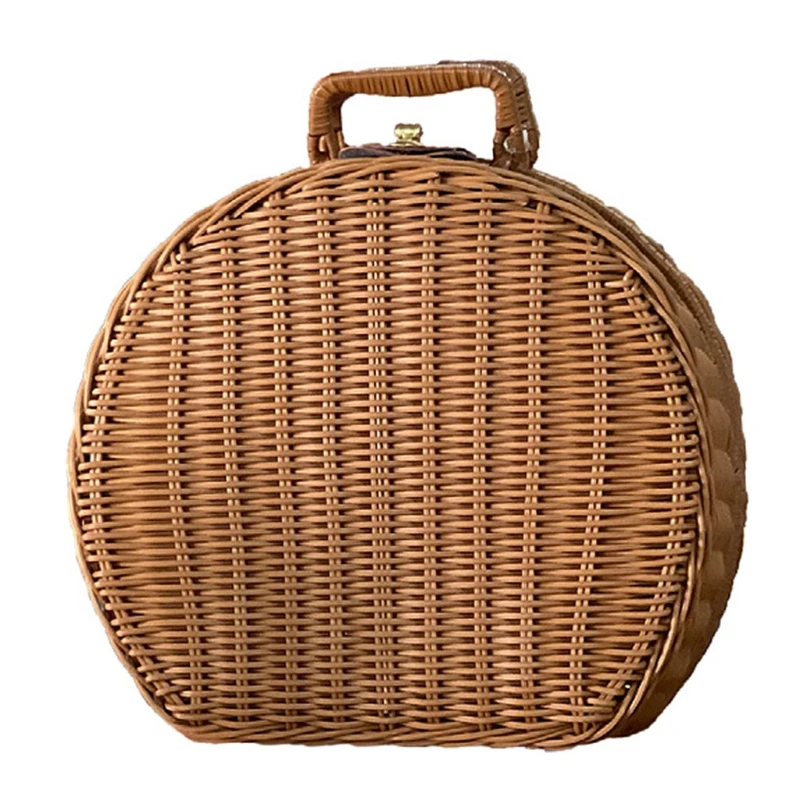 

Handwoven Basket Storage Box with Handles Wicker Handbag Suitcase Vintage