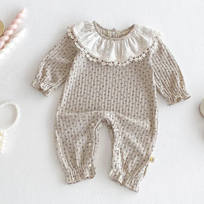 2025 New Autumn Infant Baby Girls Jumpsuit Long Sleeves Lace Splice Toddler Baby Girl Romper 0-24M Baby Girl Clothing