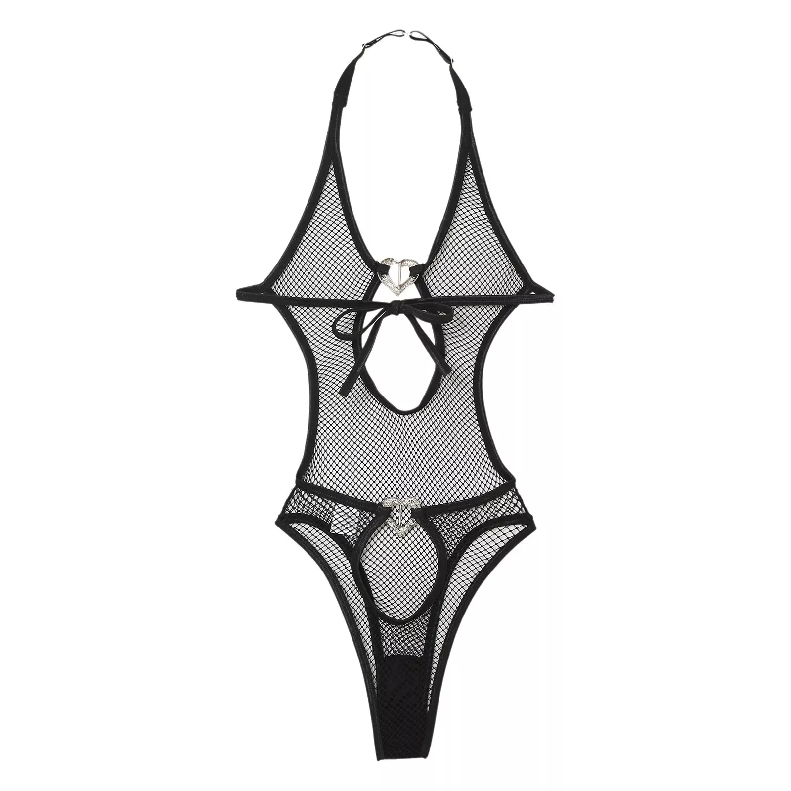 Doorzichtige mesh bodysuit lingerie verstelbare halslijn zwart doorzichtig vetersluiting gotisch kant rollenspel kostuum voor koppels nacht