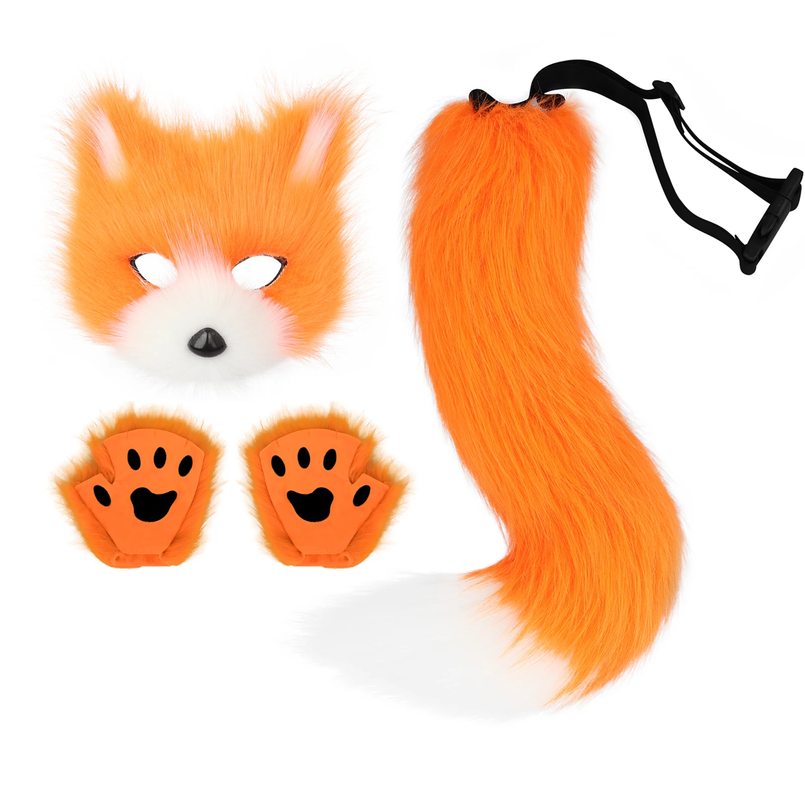Mädchen Frauen Kunstpelz Fuchsschwanz Katze Wolf Cosplay Kostüm Set Plüschmaske Flauschige Pfotenhandschuhe Halloween Weihnachtsfeier – Detail 6