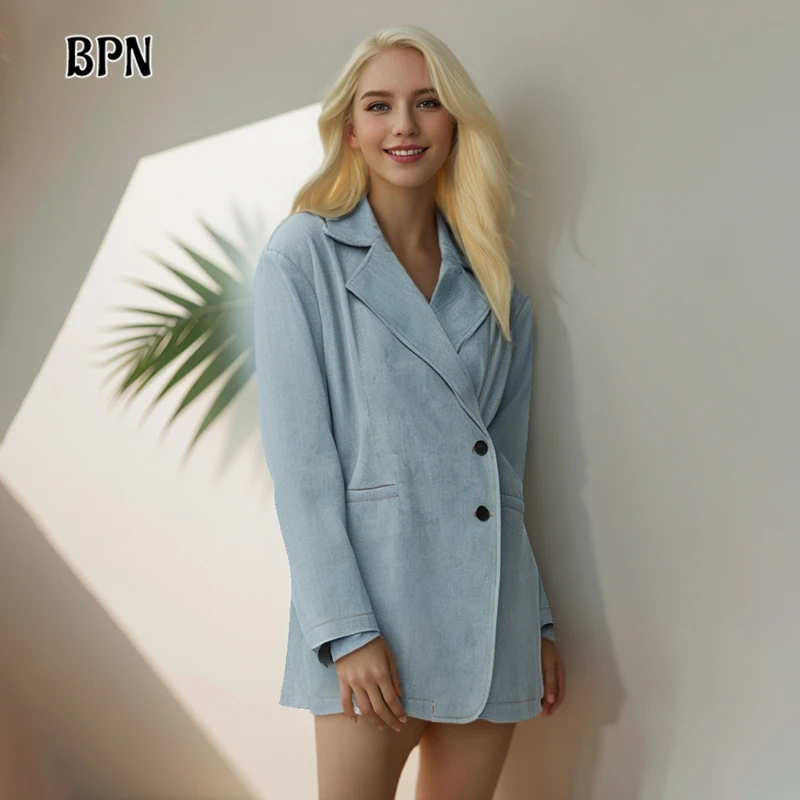 

BPN Minimalist Patchwork Pockets Loose Blazers For Women Notched Collar Long Sleeve Spliced Single Breasted Casual Blazer Female