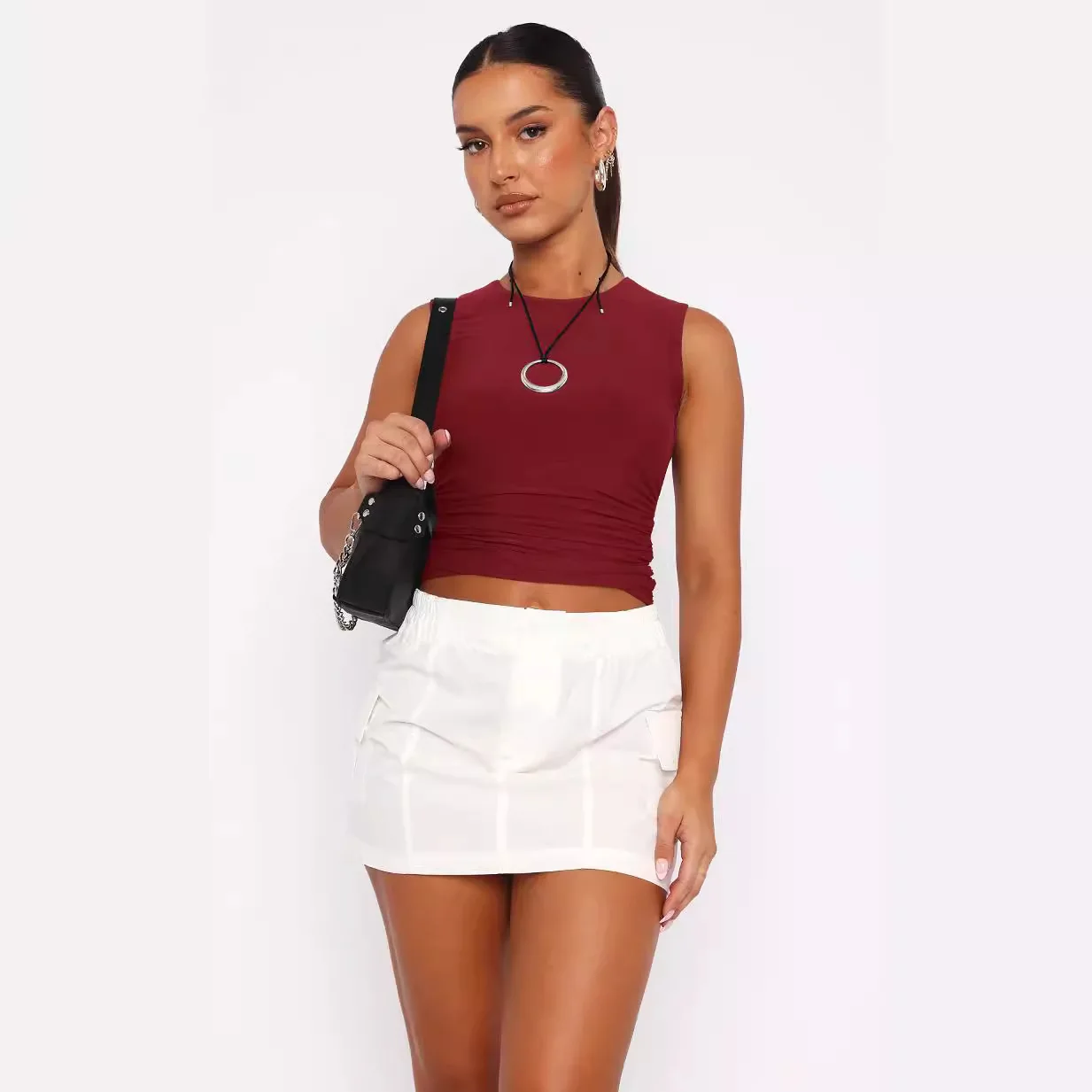 Fashion women's solid color sexy naked back all round neck short-sleeved short sleeve sleeve open open casual T-shirt woman
