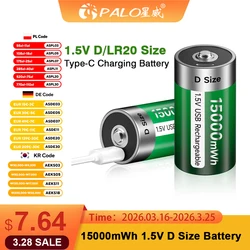 PALO 100% Original 1.5V D Size Rechargeable Battery Type-C USB Charging D R20 LR20 Li-ion Batteries Battery For Heater Gas Stove