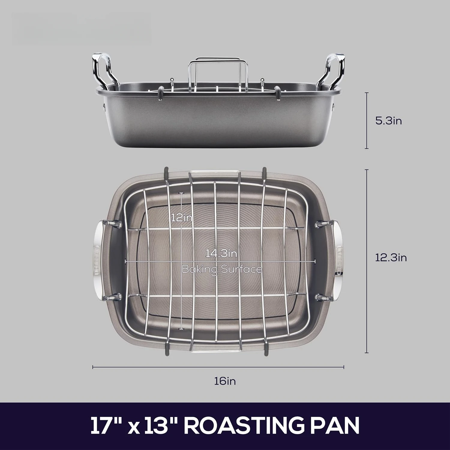 مقلاة تحميص / شواية دائرية غير لاصقة مع رف - 17 بوصة × 13 بوصة، رمادي