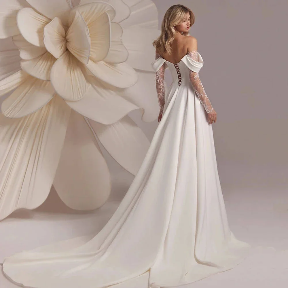 Vestidos de casamento simples personalizados linha sexy uma linha dividida rendas apliques vestidos de noiva fora do ombro plissado cetim elegante vestido