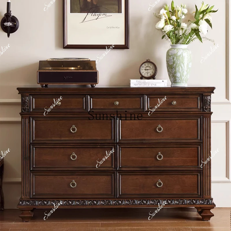 American retro pure solid wood nine bucket bedroom storage carved storage living room villa vertical cabinet    TF