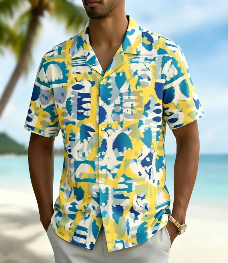 

Men's Artistic Abstract Watercolor Print Shirt, Hawaiian Style for Summer Holiday, Beach Trips, Daily Outings & Casual Wear