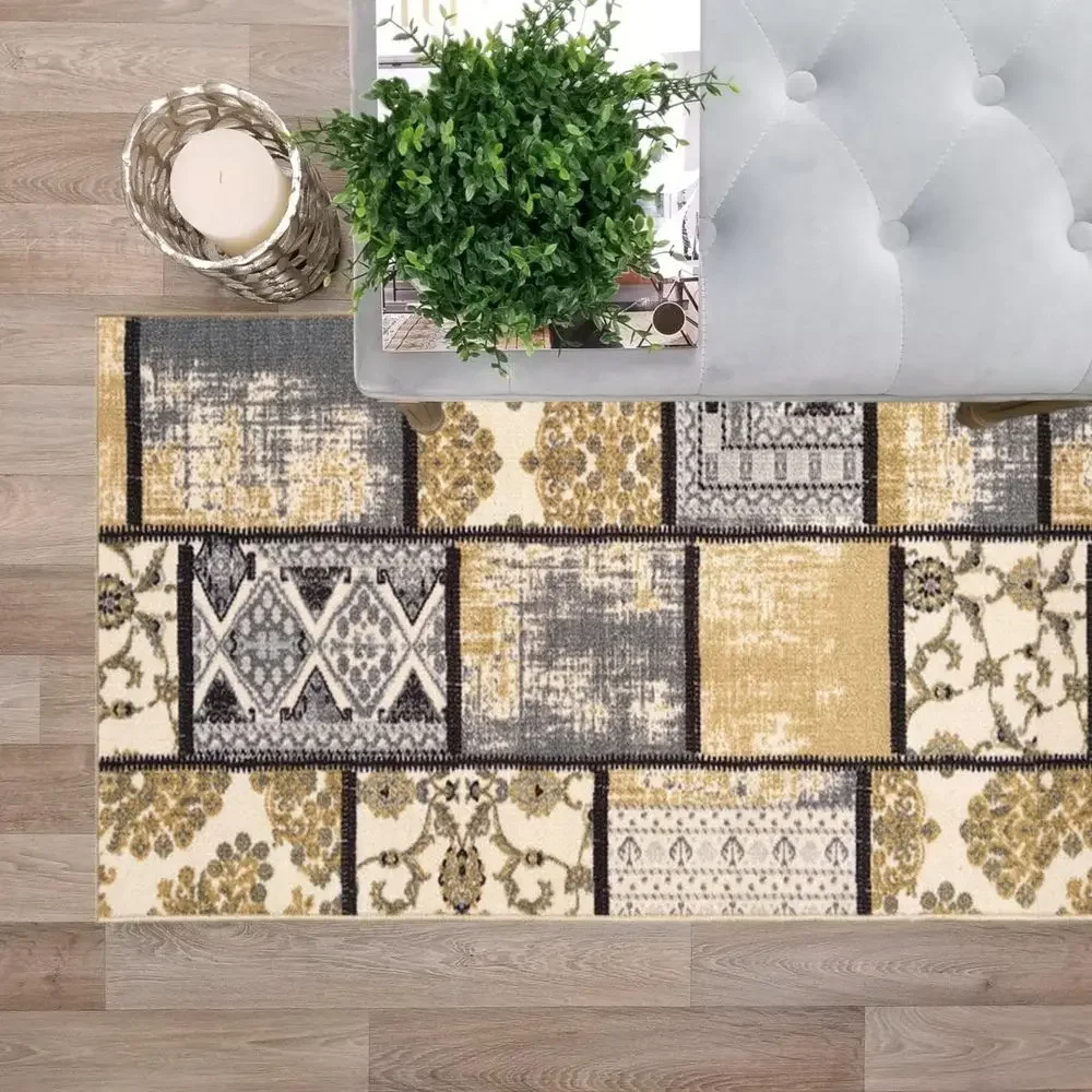 Grey Ivory Patchwork Rubber-Backed Non-Slip Hallway Stair Runner Rug, 22 Wide, Custom Length