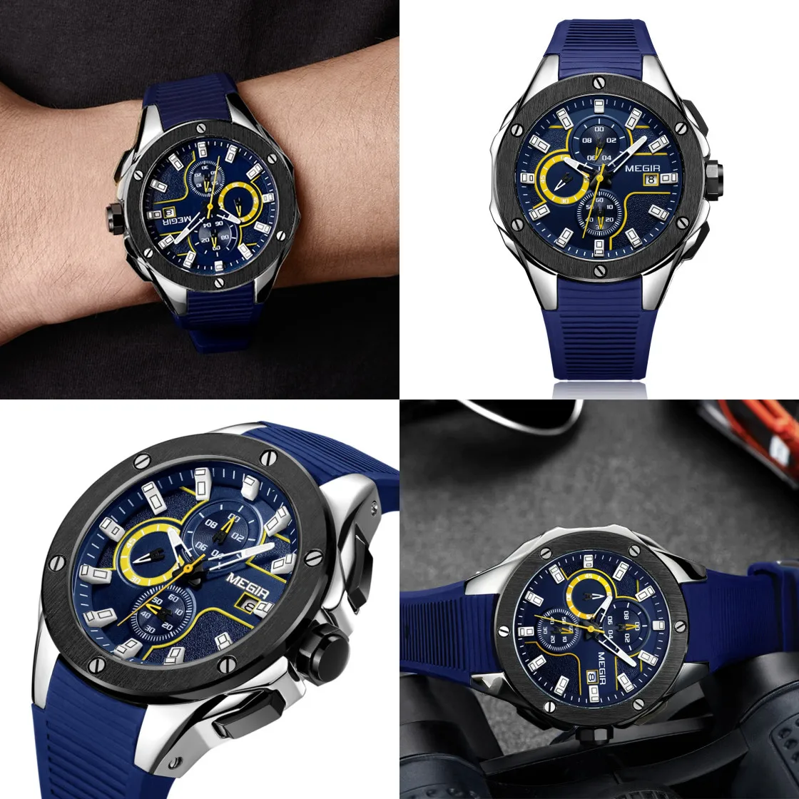 MEGIR Top Fashion Quartz Military Sport Watches for Men Silicone Strap Chronograph Big Dial Wristwatch Clock Relogios Masculino