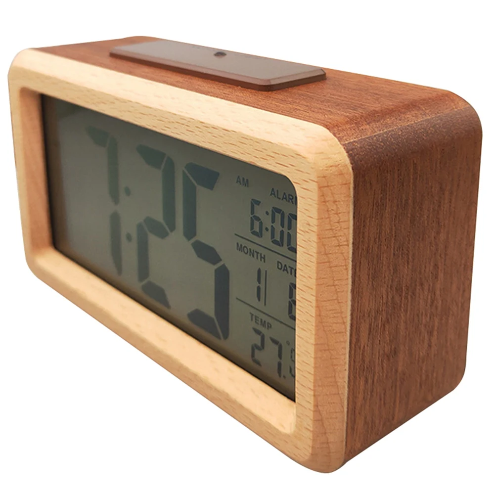 Wooden Digital Alarm Clock,Smart Sensor Night Light with Snooze, Date, Temperature Switchable, Solid Wood