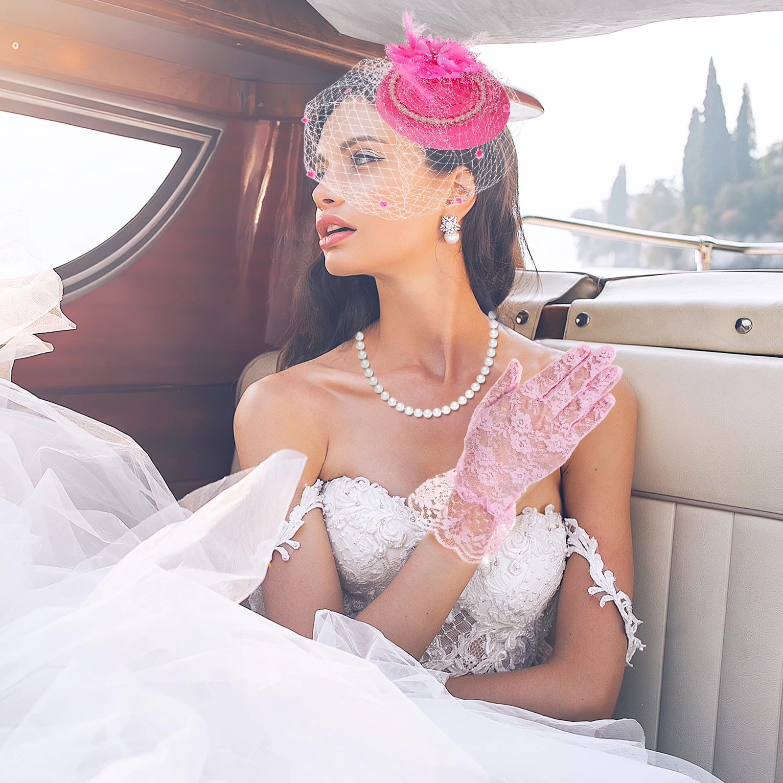 

1Set Vintage Fascinator Hat Necklace Gloves Set Tea Party Accessories Women Prom Wedding 1920S Flapper Style Elegant Lightweight