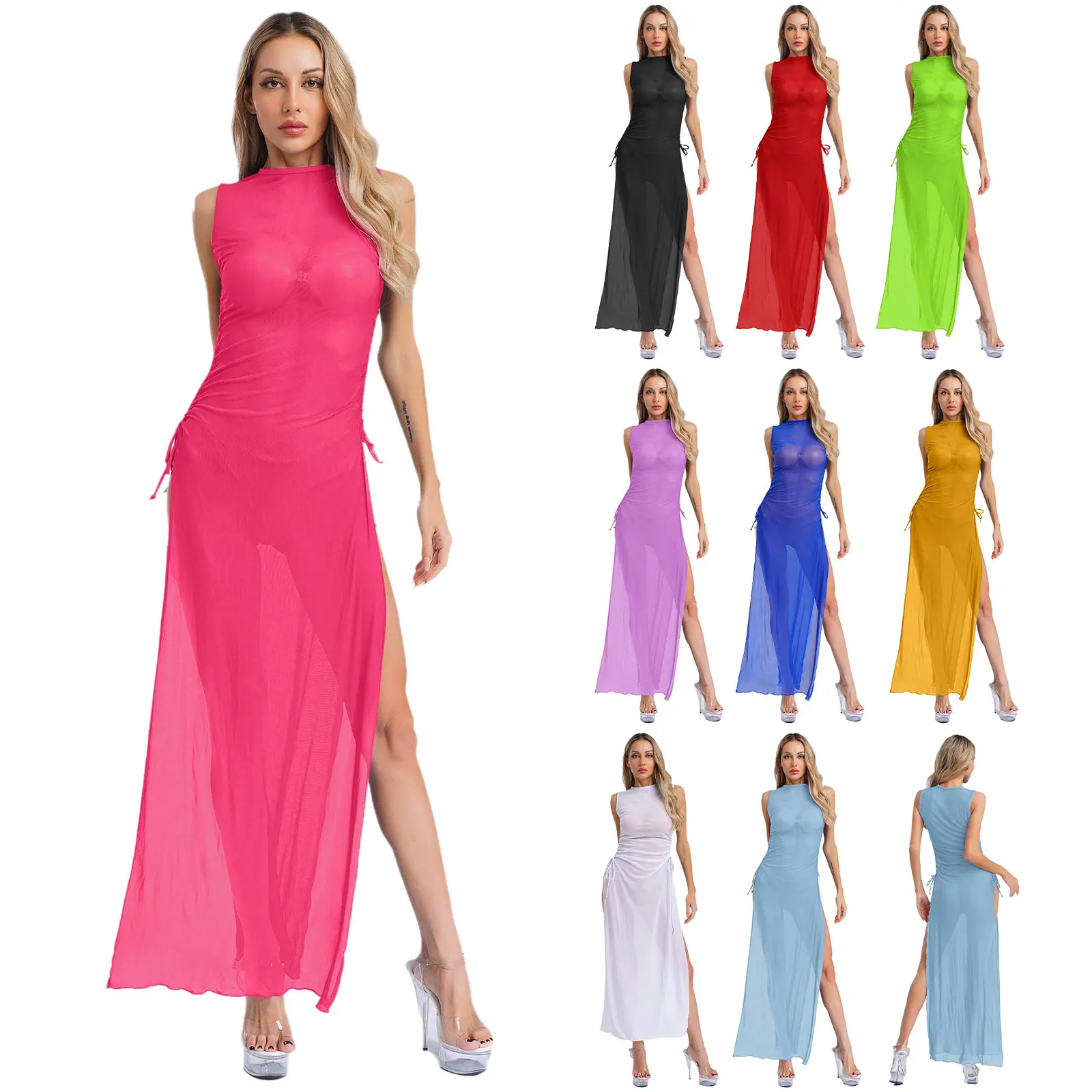 Womens Bodycon Summer Dress Bikini Cover Up Sheer Dress Round Neck Sleeveless Slit Mesh Dress See Through Beachwear Swimwear