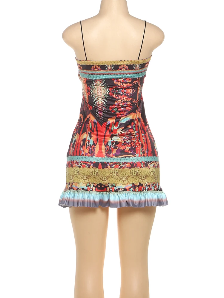 Sisterlinda Sexy Beach Camis Dress Women Colorful Print Sleeveless Skinny Vacation Midnight Party Clubwear Scalloped Hem Bodycon