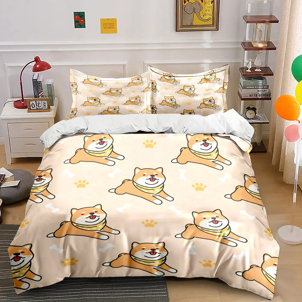 

3Pcs Cute Shiba Inu Bedding Set, Kawaii Shiba Puppies Pattern Print Duvet Cover + 2 Pillowcases, Dog Lover Decor