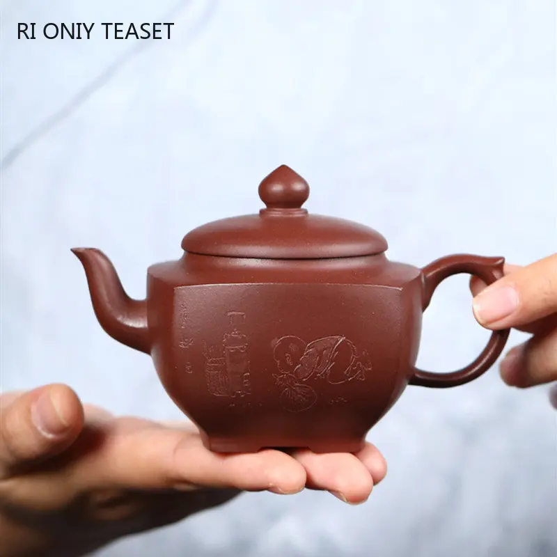 160ml Yixing High-end Purple Clay Teapots Handmade Tetragonal Tea Pot Raw Ore Dragon Blood Sand Kettle Chinese Zisha Tea Set