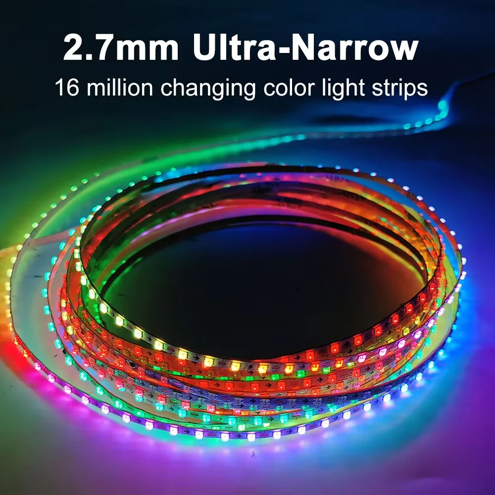 Ultra Narrow 2.7mm WS2812 LED Strip Individually Addressable Smart RGB Colorful Pixel Light 160Leds/M IP30 White PCB DC5V DC12V