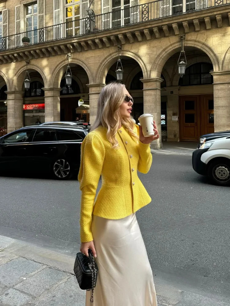 

Yellow Women Waist-cinched Coats Elegant Fashion Single Breasted Round Neck Slim Outerwear New Lady Autumn Daily Highstreet Coat