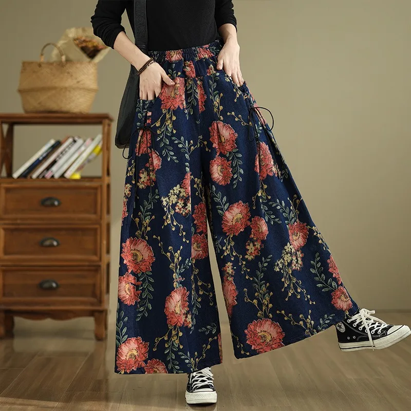 Retro Chinese Sle Wide Leg Jeans Loose Fit Floral Print Straight Cut Trousers Personali Slimming High Waist Plant Floral