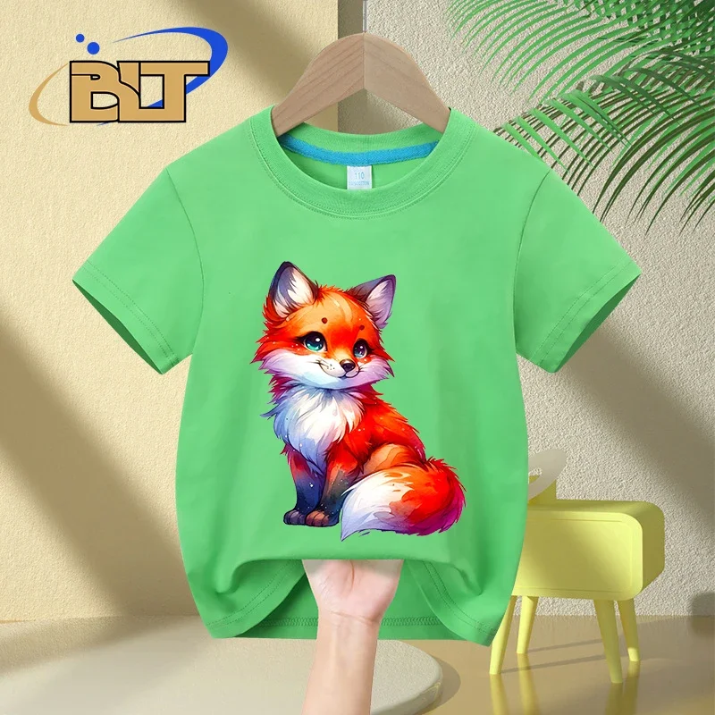 Watercolor Cute Fox print kids T-shirt summer children's cotton short-sleeved casual tops for boys and girls