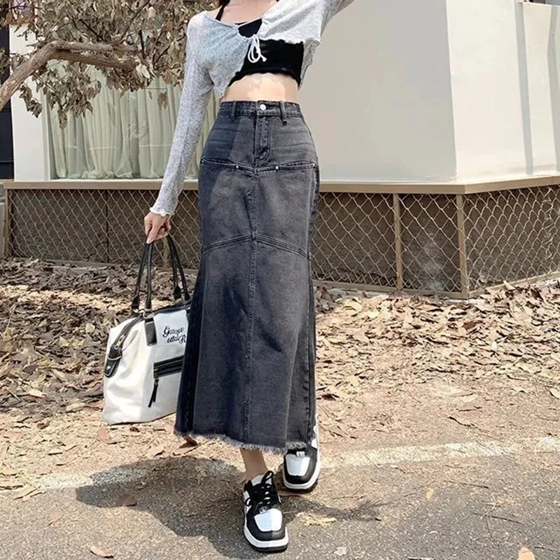 Vintage Frauen Denim Röcke Lose Beiläufige Hohe Taille Raw Kanten Quaste Midi Rock Koreanische Patchwork Taste Elegante Meerjungfrau Röcke