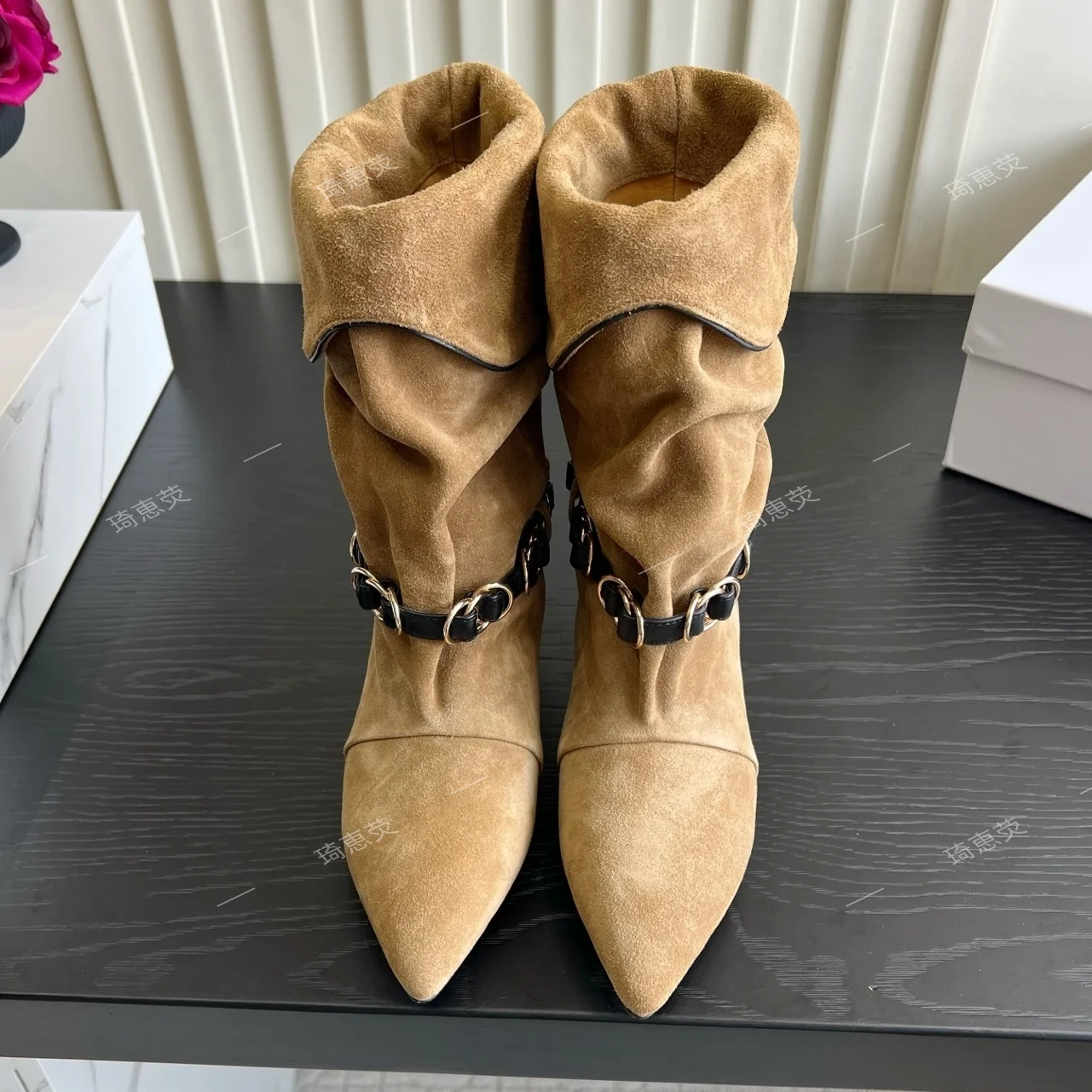 Genuine Leather Metal-Buckle Chukka Boots Fold-Over Fual-Wear Pointed Western Boots Stiletto-Heeled Chic Ankle Boots
