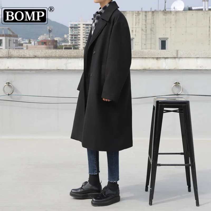 []Winter Korean men's mid to long thick woolen coat, loose and casual, handsome black collar with fur on the outside