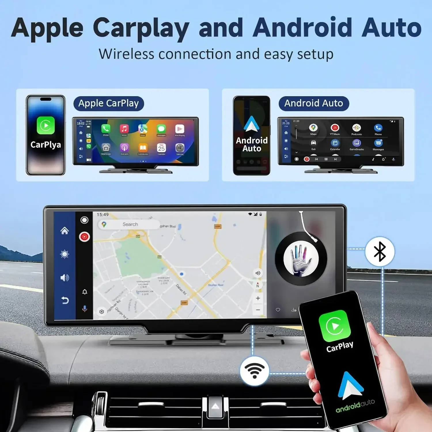 Universal 10.26 inch Portable Carplay AI Screen IPS Touchscreen Wireless Apple Carplay Android Auto GPS Navigation Bluetooth