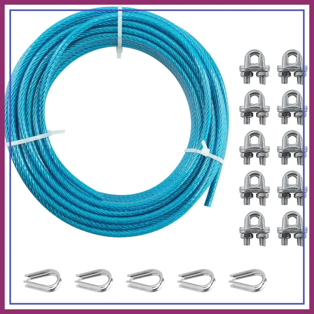 

5/16" 7x19 Strand 100Ft PVC Coated Steel Cable Kit for Sun Shade Sails, Decking, Dog Runs, Camping, Boat Lift, Clothesline
