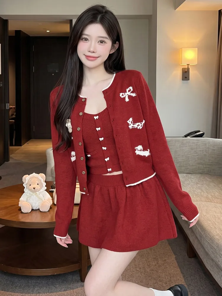 Korean Style Fashionable Age-Defying Single Buttoned Knitted Cardigan Vest with Sash Half-Skirt Three-Piece Set for Women