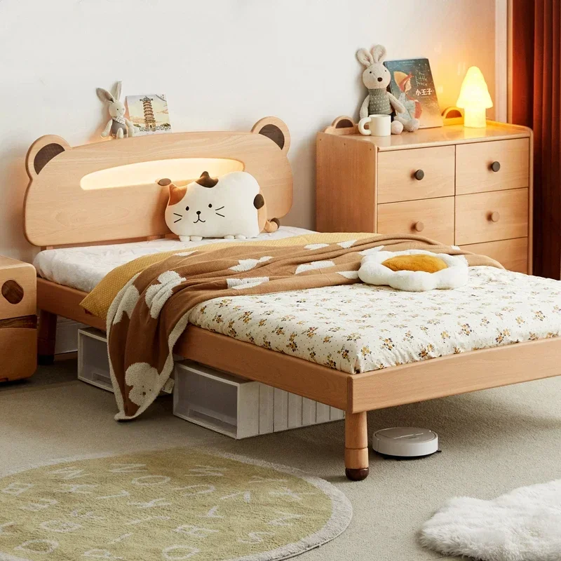 Nordic bedroom multi-functional wooden bed with lamp simple small household single bed