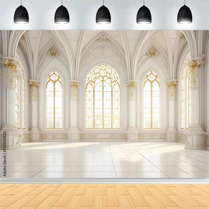 غرفة فاخرة واسعة أقواس الباروك أعمدة الخلفيات المدخل الروكوكو المنحوتات المعقدة خلفية صور الزفاف LK-01