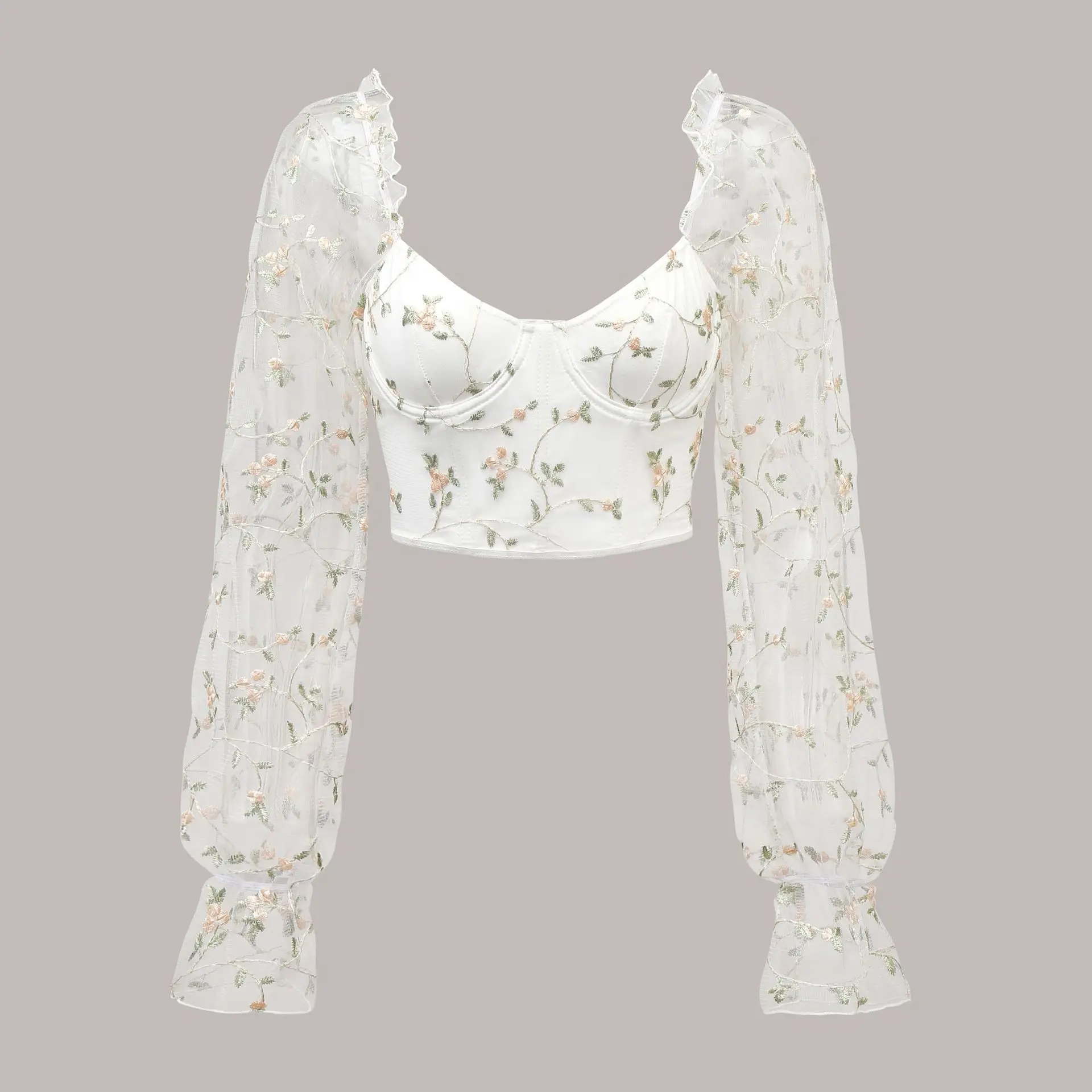 

Элегантный кроп-топ с цветочной вышивкой и длинными рукавами, 2026, сексуальный прозрачный сетчатый корсетный топ с пышными рукавами, блузка в стиле фейри-стрийт для девушек