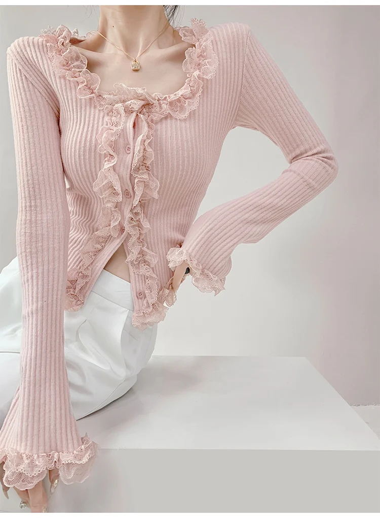 2026 Quadratischer Kragen Spitzenbesatz Langarm-Strickpullover Damen Retro Kurzer Stil Schlanke Oberteile Einreihige Strickjacke – Detail 2