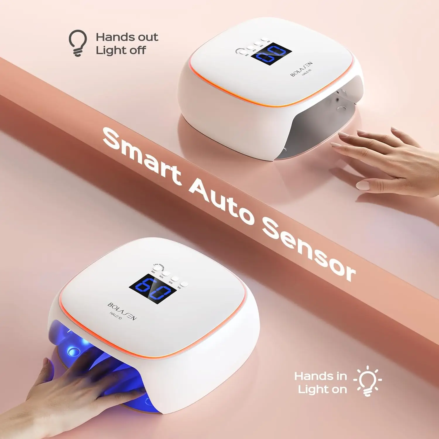 مصباح أظافر LED بالأشعة فوق البنفسجية بقدرة 60 وات مع تقنية السيراميك، معالجة سريعة بقاعدة معدنية وإضاءة محيطة