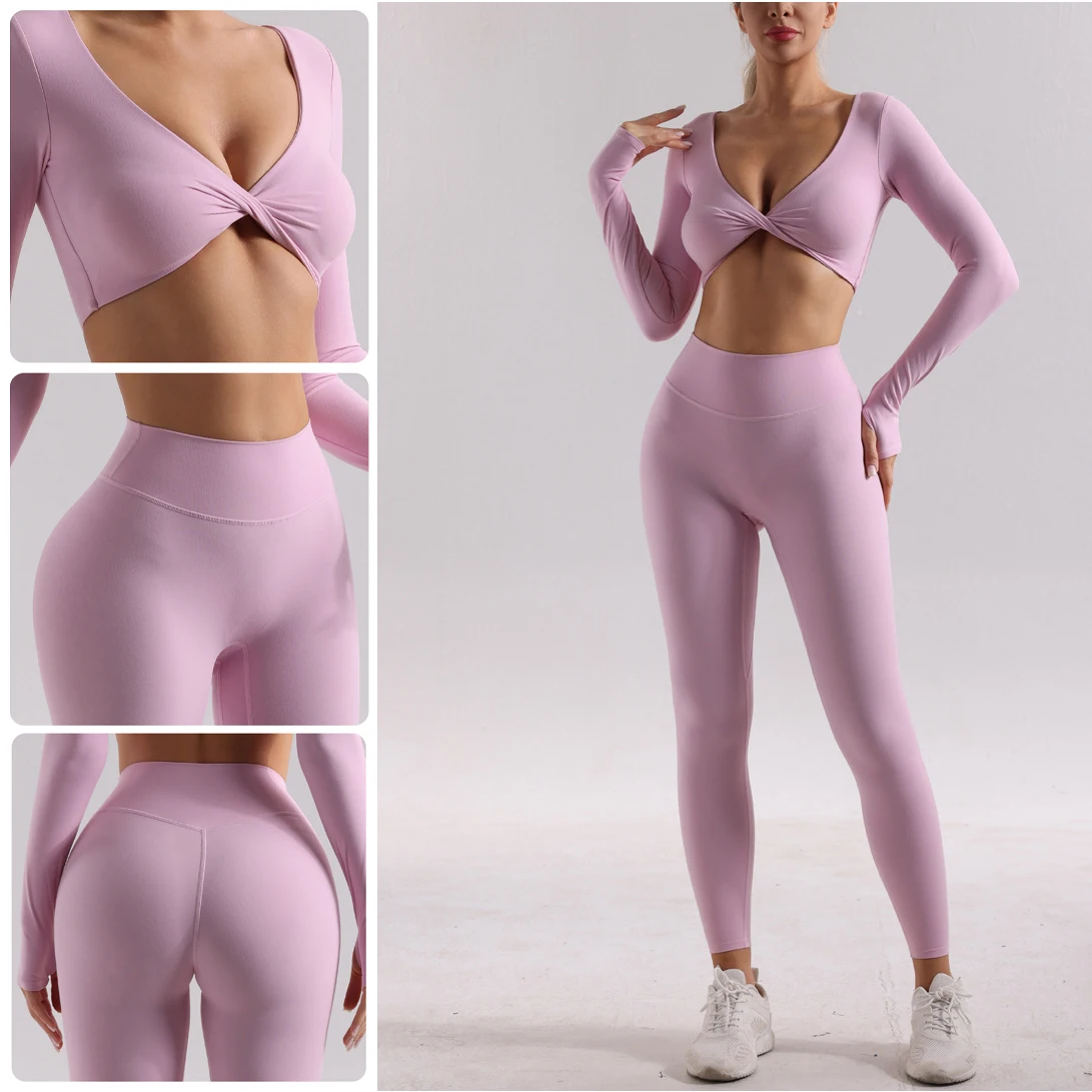 

WANAYOU 2pcs Women Yoga Pants Sets Front Twist Sports Crop Tops with Pads Hip Lift Gym Leggings Full Sleeve Workout Tights Set