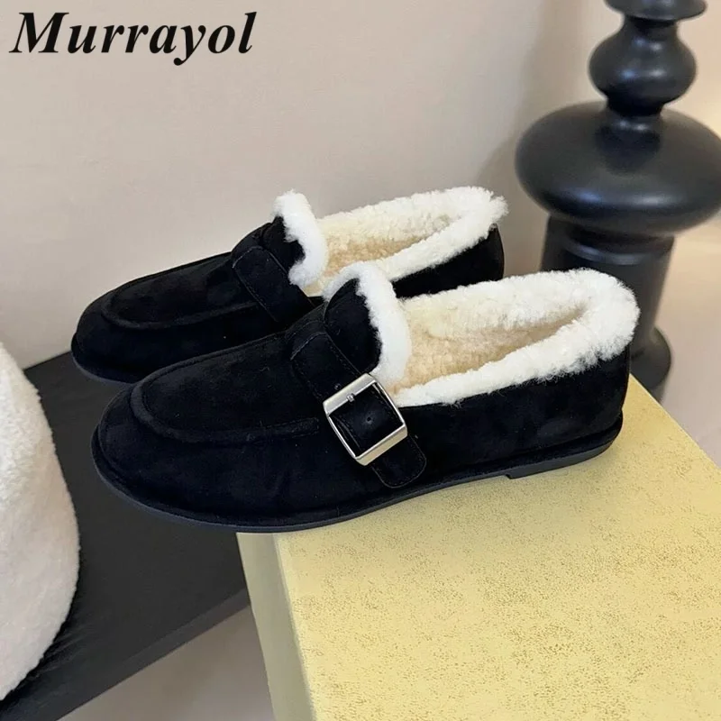 Loafers Round Toe Plush Lining Keep Warm Walking Shoes Women's Cow Suede Thick Bottom Single Shoes Winter Retro Flat Shoes