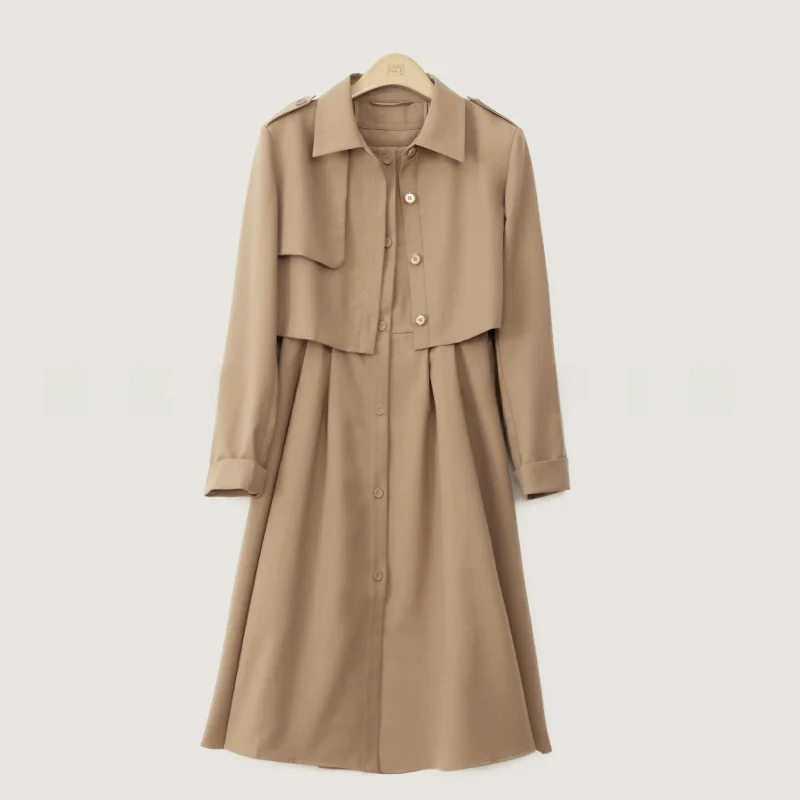 

Faionable Women's Two-Piece Set irt Collar Jaet Midi Dr Spring Autumn New Sle Korean Casual Pure Color Long Sve