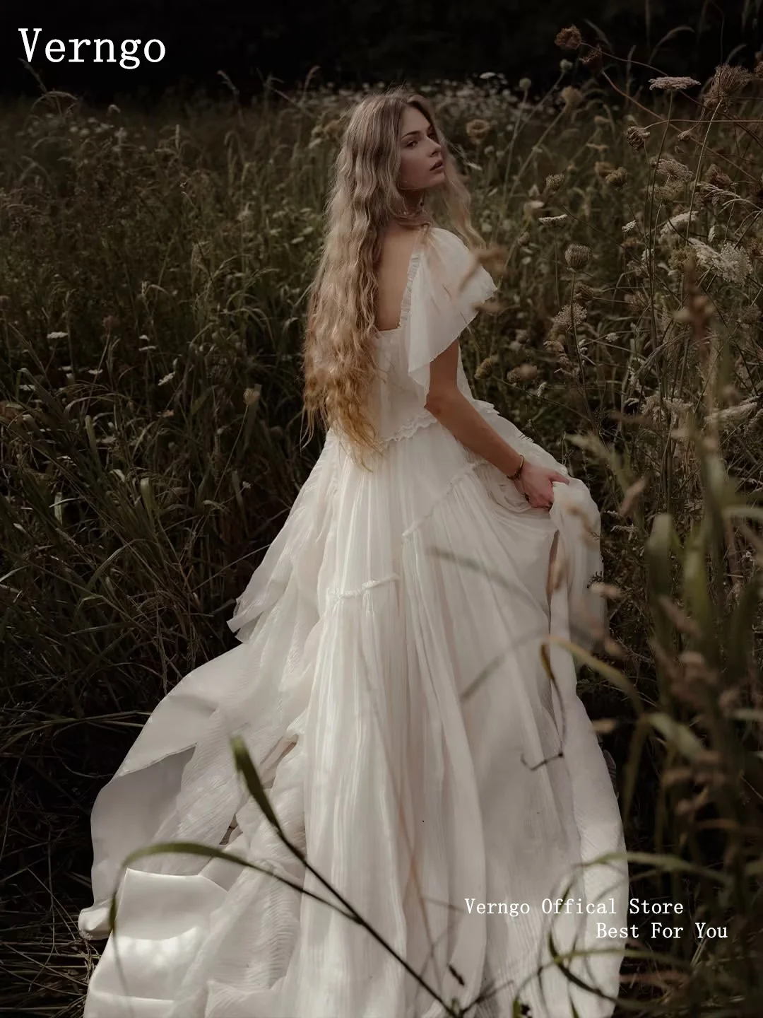 Verngo Luxurious Lace O Neck Bridal Gown Ruched Bodice Long Train Wedding Reception Photoshoot Bride Dress Customized