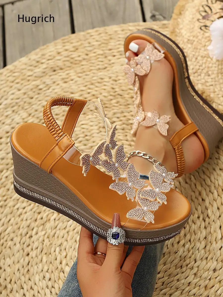 Rhinestone Butterfly Decor Wedge Sandals Transparent Strap Open Toe Platform Ankle Strap High Heel Summer Women Shoes view 5