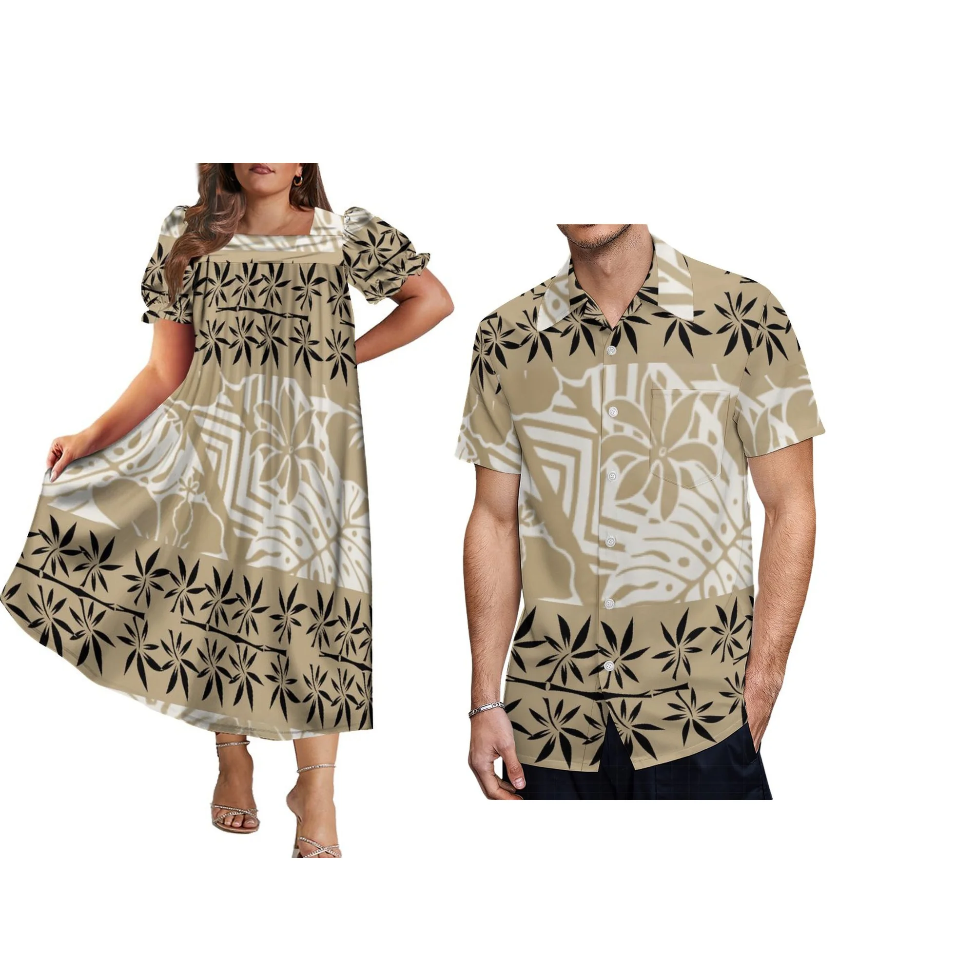 

Free Shipping Polynesian Mumu Dress Custom Logo Bubble Sleeve Puffy Dress Tonga Print Women Square Collar Loose Dress