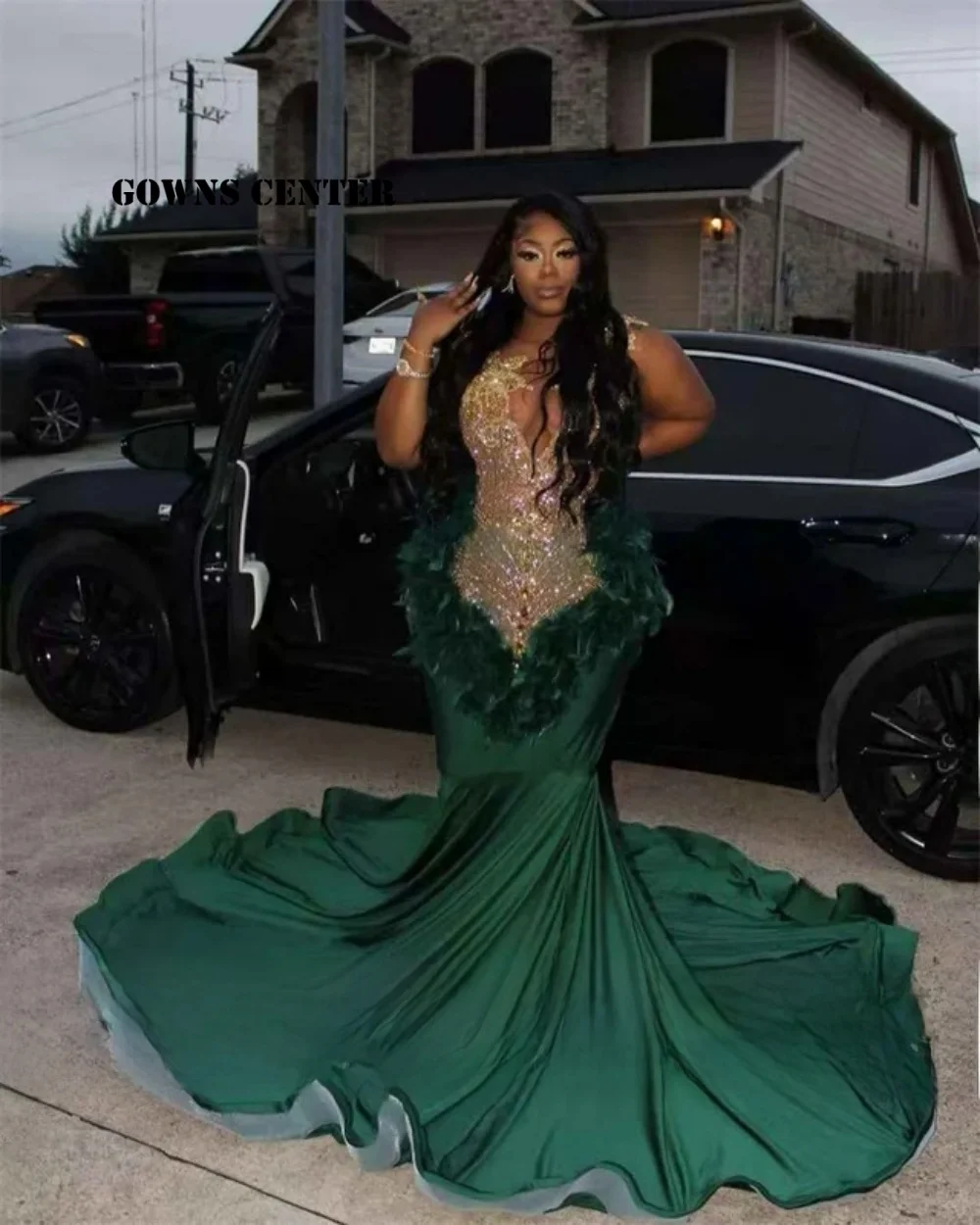 

Gold Crystals Green Feathers Prom Dress For Blackgirls Birthday Dresses Luxury 2026 Sexy Vestidos De Fiesta Customized