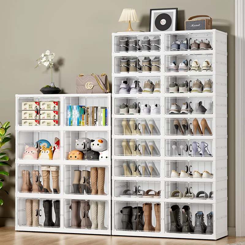 

Wholesale Durable Space Saving Stackable Collapsible Plastic clear Shoe Rack Plastic Transparent Foldable Shoe Case